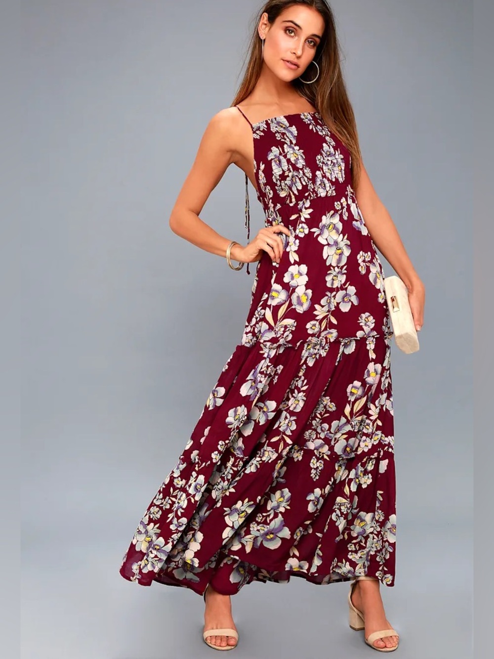Free People Garden Party Burgundy Floral Print Maxi Dress size S
